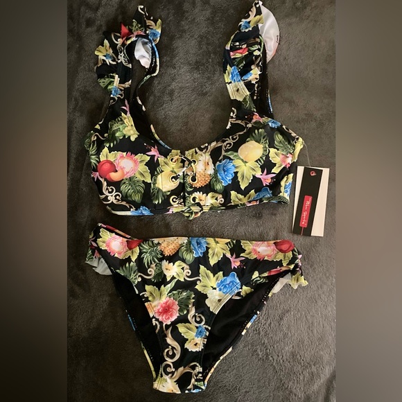 BIKINI RETRO MID WAIST RUFFLE SLEEVES BLACK FLORAL PRINT - Picture 9 of 16